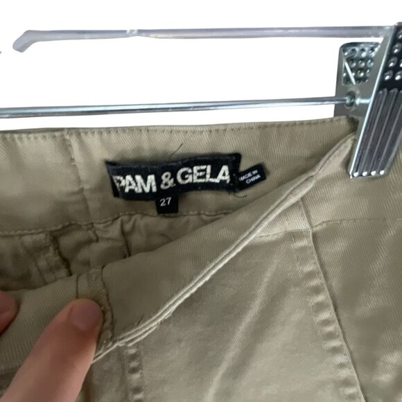 Pam & Gela Khaki Pants W/ Blue Side Stripes Frayed Hem Size 27 Casual Festival - Picture 4 of 10